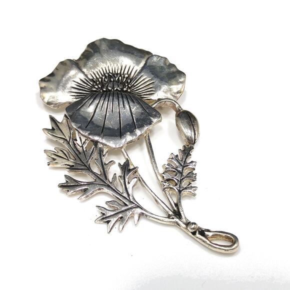 Vintage Signed Silver Plated Flower Brooch & Pendant, Large Floral Pin - Picture 6 of 10